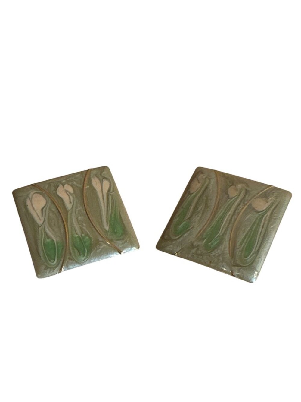 Vintage Square Enamel Stud Earrings Green & Pink Floral Motif Abstract Art VTG